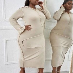 Stitch Trim Hoodie BodyCon Dress in Beige